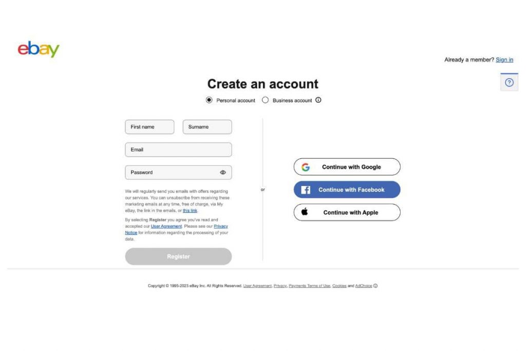 register for an ebay account